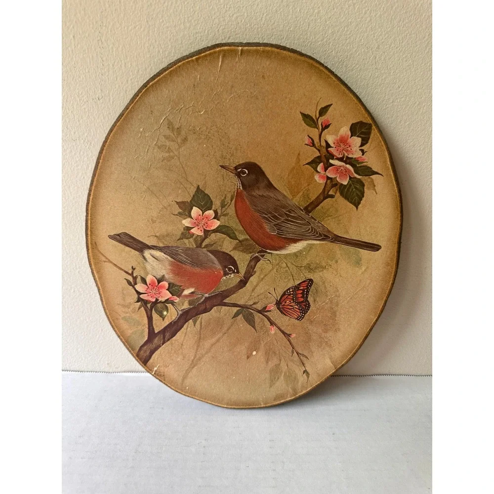 Vintage Set of 4 Bird Wall Plaques Oval Wood Decoupage Cardinal Robin Bluebird
